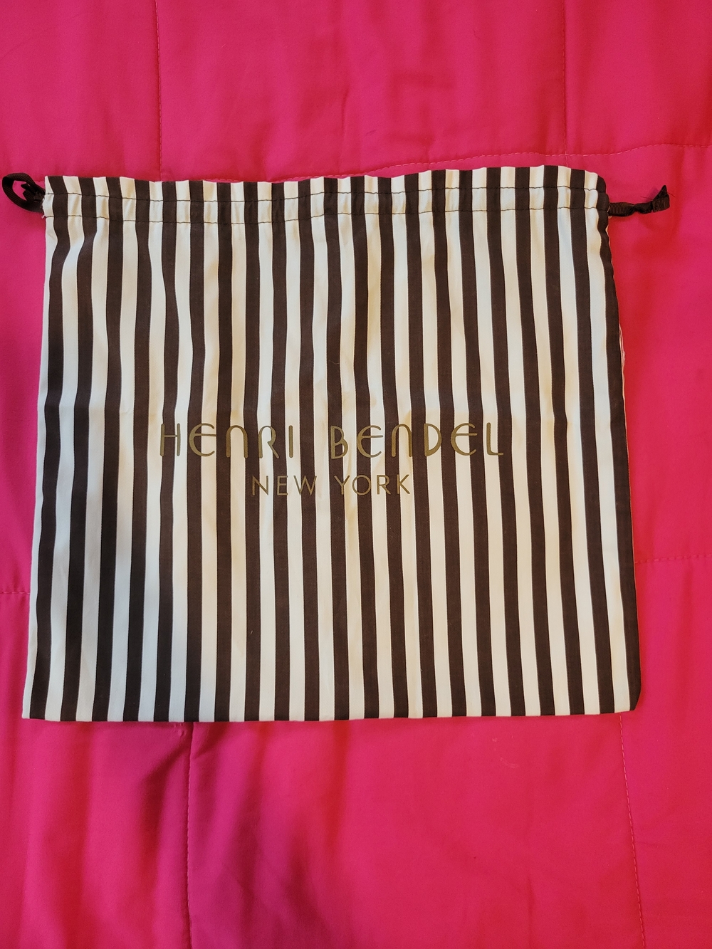 Henri Bendel Brown & White Striped Drawstring Pouch with Gold Logo